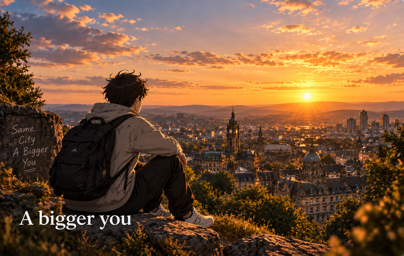 A bigger you — a traveller overlooking a city from a hillside