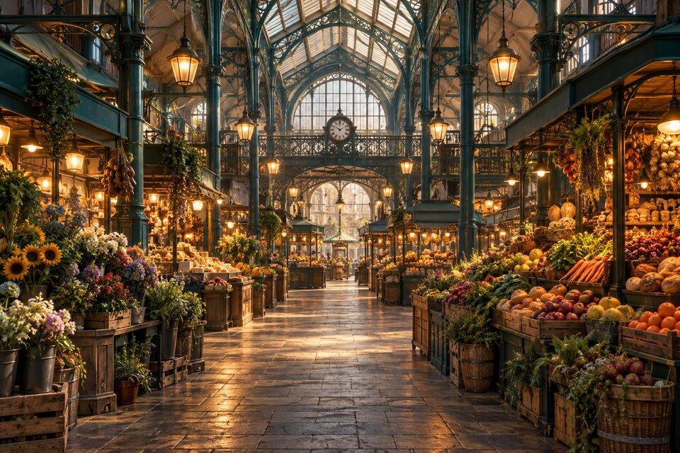 Development illustration of a covered market hall with stalls, warm lights and a passage to explore