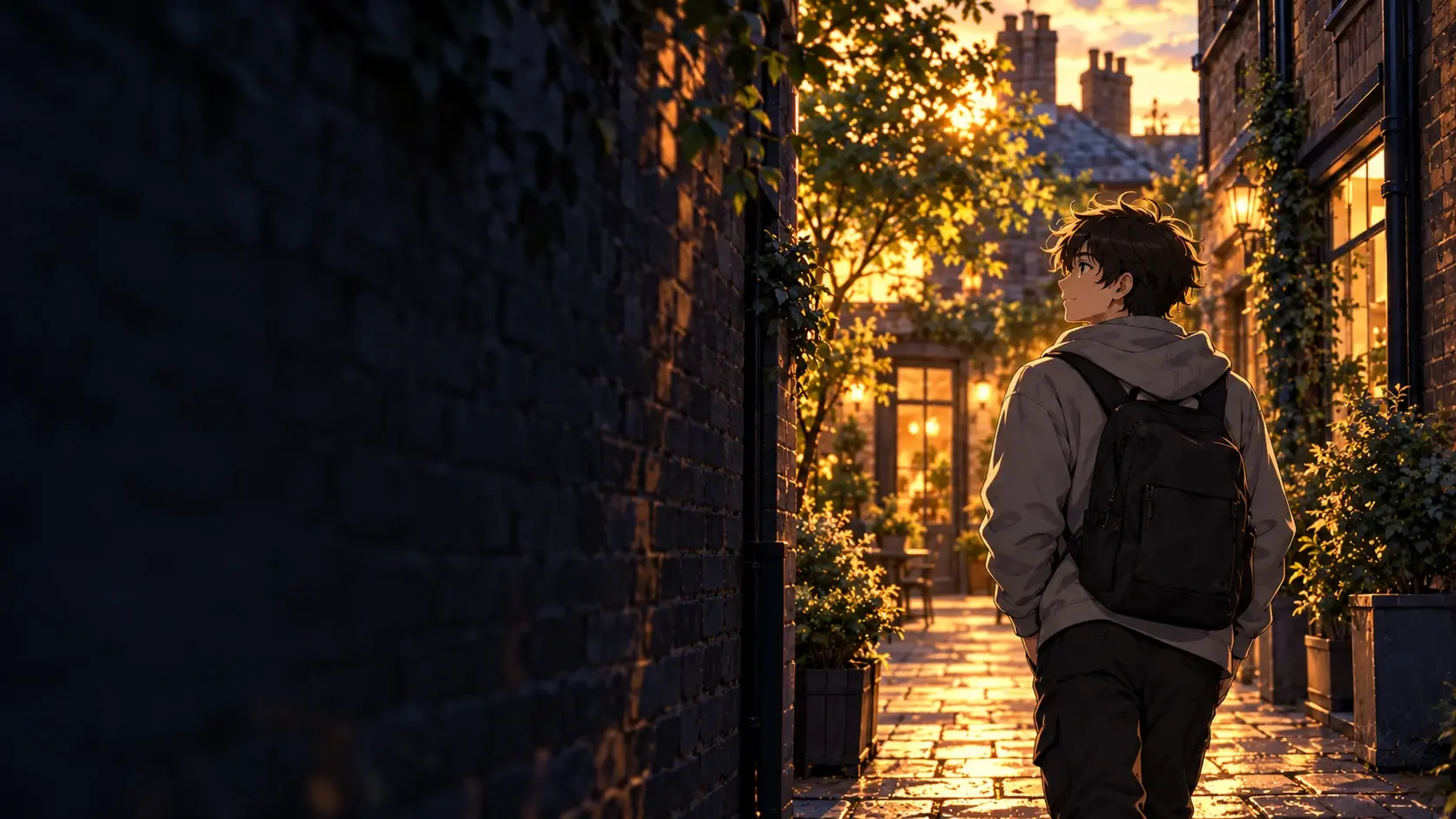 Illustration of the grey-jacketed explorer approaching a warmly lit local courtyard